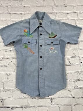 Vtg JCPenney Big Mac Chambray Palm Tree Beach Lady Bug Embroidered Work Shirt